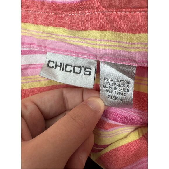 Chico’s Pink, Yellow, and White Stripe 3/4 Sleeve Button Up Size 3 - Picture 3 of 4